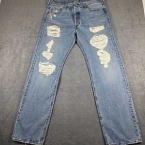 Levis 501 Original Fit Mens 36x34 Light Wash Good Ripped Distressed Jeans